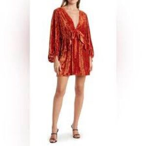 Topshop Ballon Sleeve Velvet Dress peplum deep V plunge rust orange color size 6